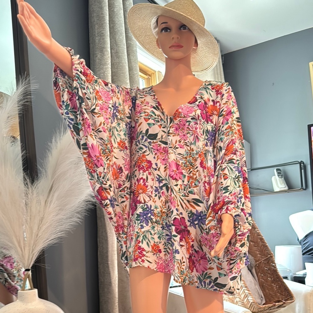 Vibrant Pink and Orange Bell Sleeve Swim Coverup
